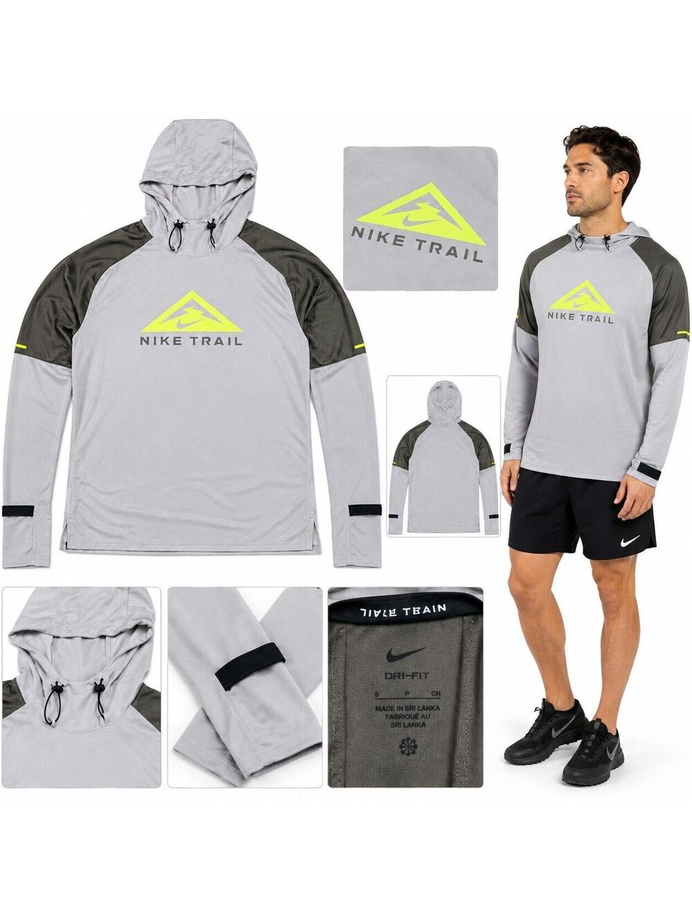 Nike Trail Dri-FIT Hooded Running Shirt Men’s Small Gray Volt Thumbholes